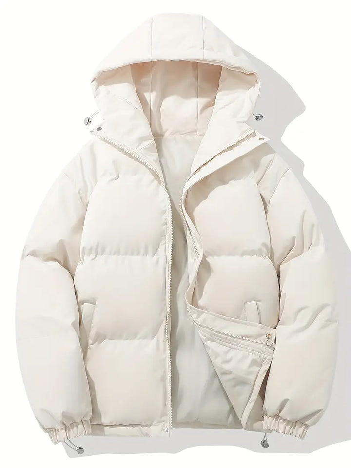 Klassische beige Kapuzenjacke, warm, wattiert, Reißverschluss, Wintermode für Damen.