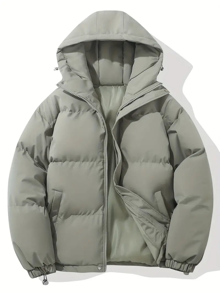 Klassische olivgrüne Kapuzenjacke, warm, wattiert, Wintermode, Herrenbekleidung.