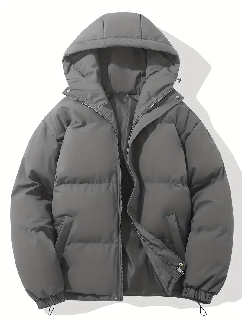 Graue warme Kapuzenjacke, klassisches Design, Wintermode, Reißverschluss, Unisex.