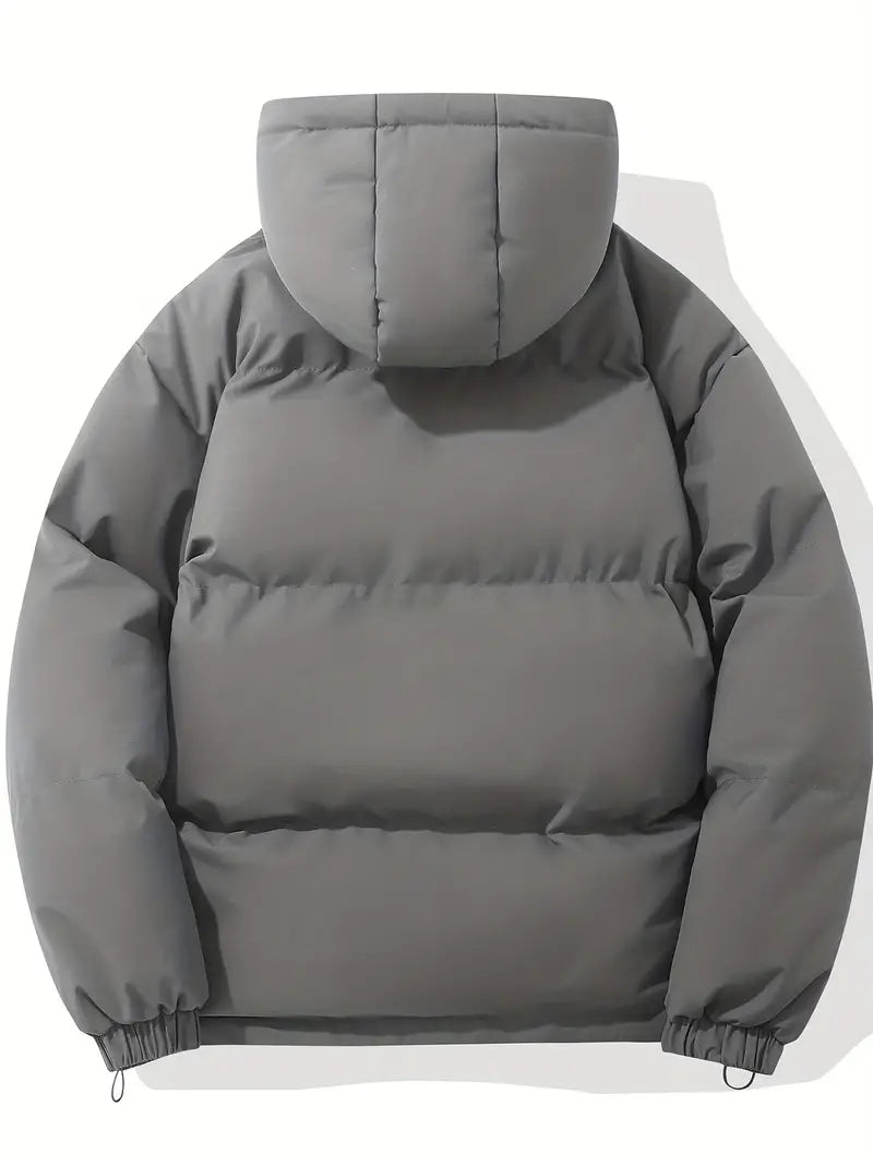 Graue Kapuzenjacke, klassisches Design, warm, Wintermode, Unisex, isoliert, modisch.