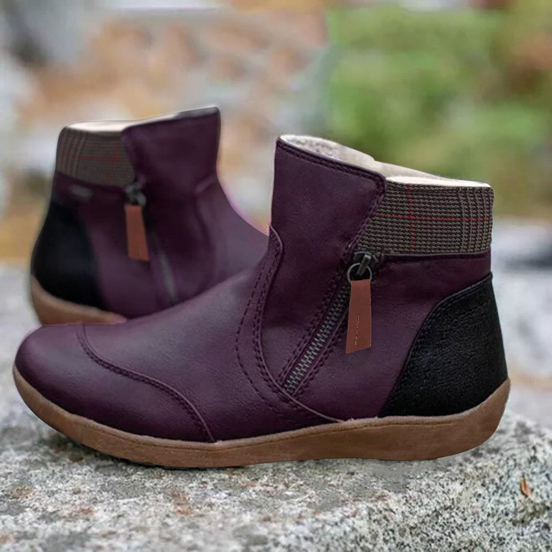 Damen Stiefeletten, lila Leder, Reißverschluss, rutschfeste Sohle, modisch, bequem.