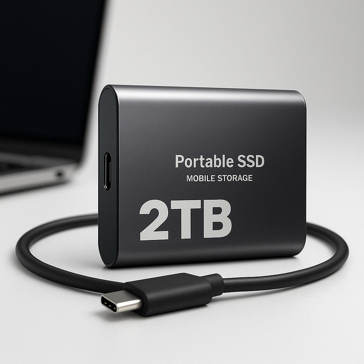 Tmavě šedý disk s USB-C kabelem stočeným kolem a rozmazaným notebookem v pozadí 2