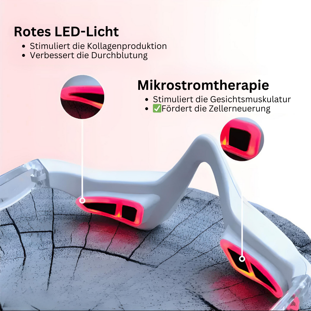 LED-Licht-Therapiebrille, weiß, rote LEDs, Mikrostrom, Hautpflege, Anti-Aging, Gesichtsmassage.