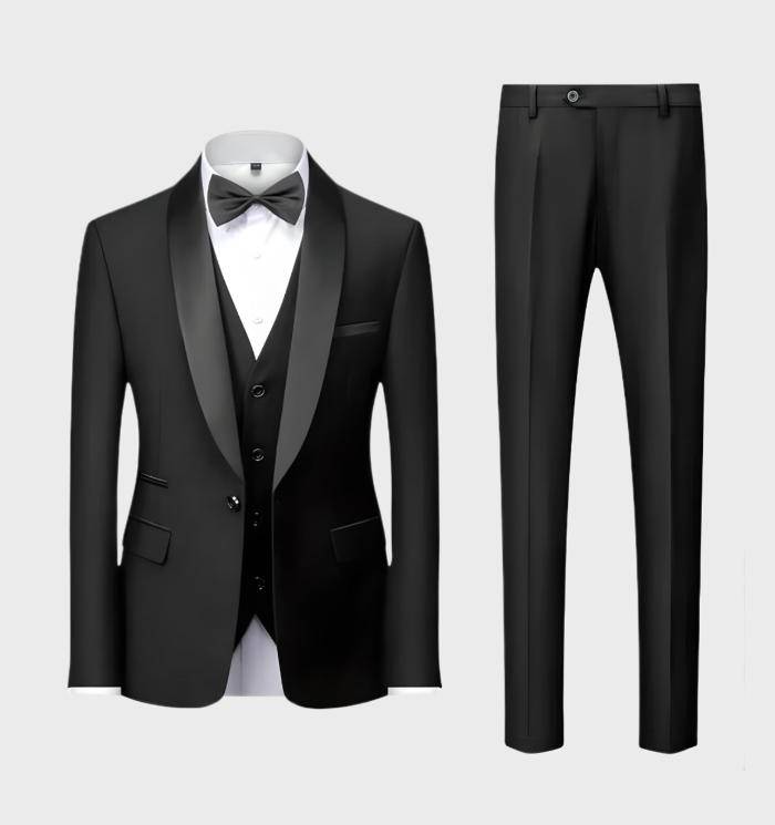 Schwarzer Herrenanzug mit Weste und Fliege, elegantes Design, formelle Kleidung.