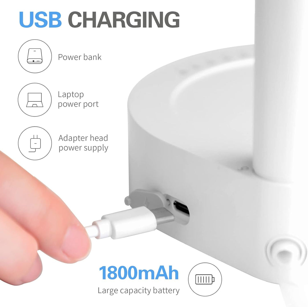Weiße LED-Tischlampe mit USB-Ladefunktion, 1800mAh Akku, modernes Design.