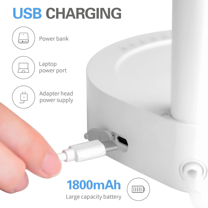 Weiße LED-Tischlampe mit USB-Ladefunktion, 1800mAh Akku, modernes Design.