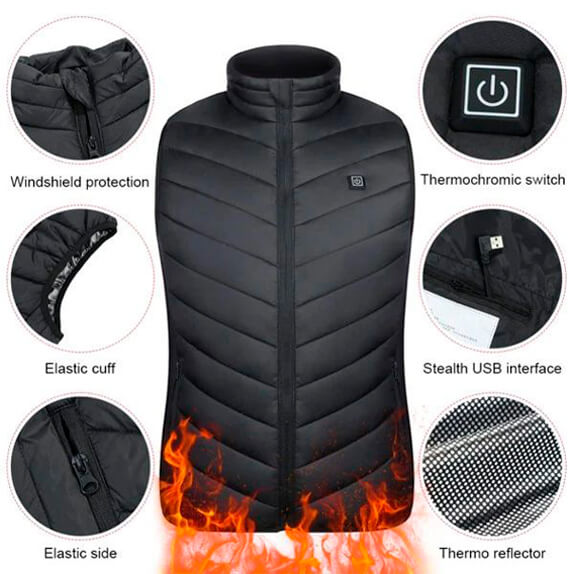 Schwarze beheizbare Weste, unisex, mit USB-Anschluss, winddicht, thermochromer Schalter.