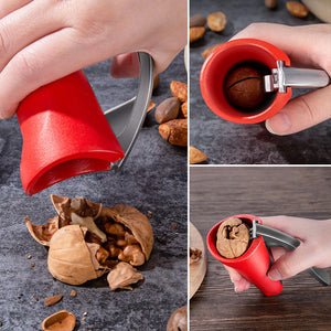 Roter Nussknacker aus Metall und Kunststoff, knackt Walnüsse, ergonomisches Design.
