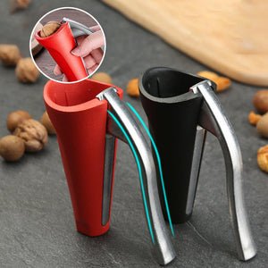Roter und schwarzer Nussknacker aus Metall, ergonomisch, ideal zum Knacken von Nüssen.