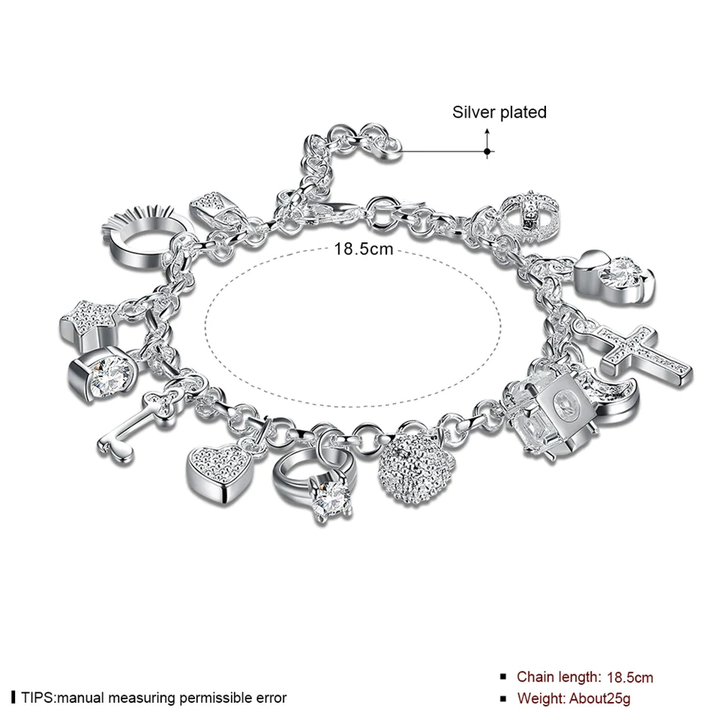 Silber Charm-Armband mit Anhängern, 18,5 cm, modisch, Damen-Schmuck, Geschenkidee.
