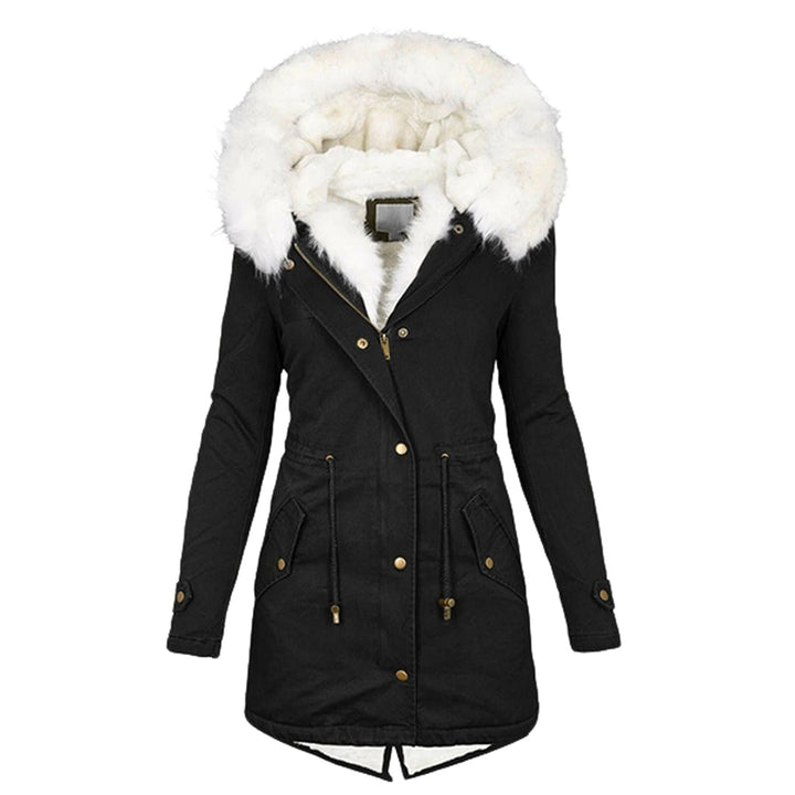 Schwarze Winterjacke mit weißem Kunstfellkragen, Damenmantel, warm, modisch.