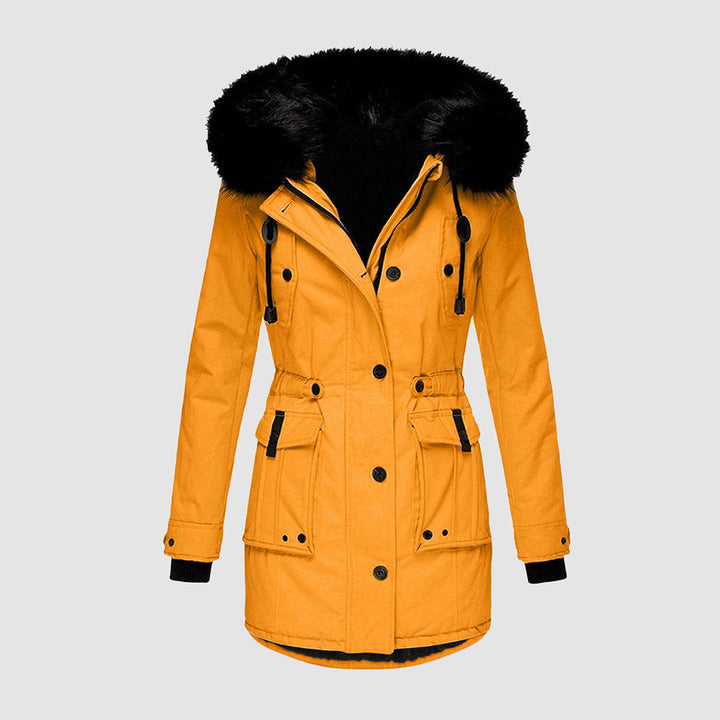 Gelbe Winterjacke mit Kapuze, Damenmantel, warm, modisch, Outdoor-Bekleidung, schwarz gefüttert.