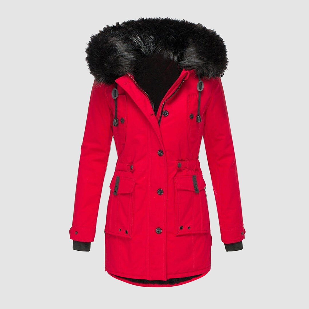 Rote Winterjacke mit Kapuze, Damenmantel, warm, modisch, Outdoor-Bekleidung, Fellbesatz.