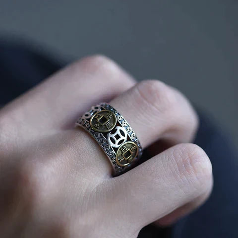 Silberring mit goldenen Münzen, keltisches Design, handgefertigt, Schmuck für Herren.