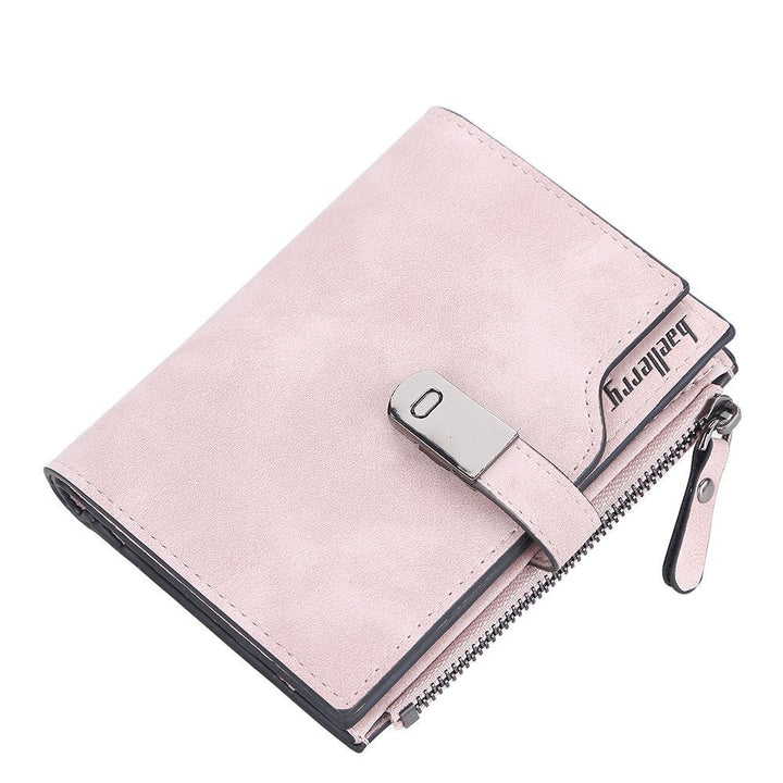 Rosa Damen-Geldbörse aus Leder mit Reißverschluss und Schnalle, stilvolles Design.