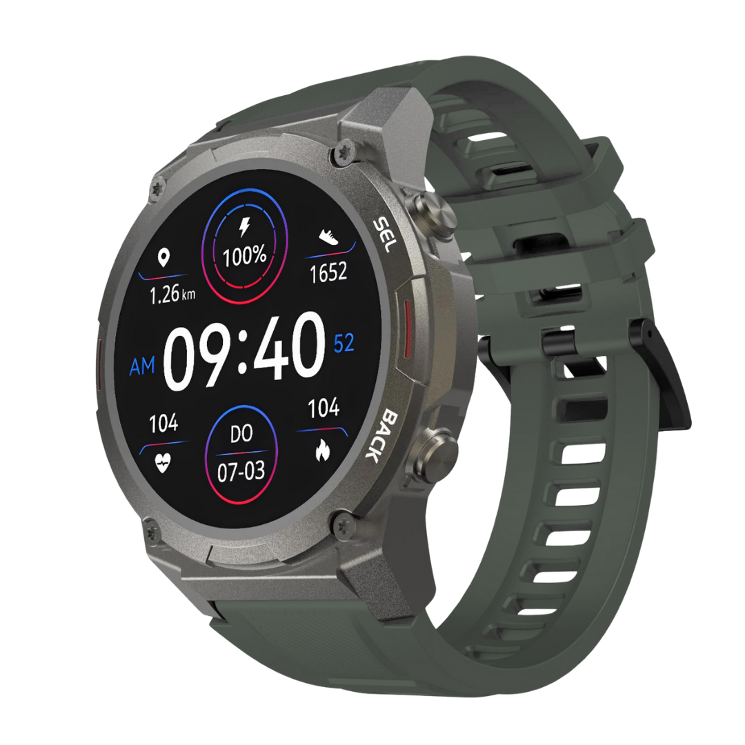 Grüne Smartwatch mit rundem Display, Fitness-Tracking, robustem Design, digitaler Anzeige.