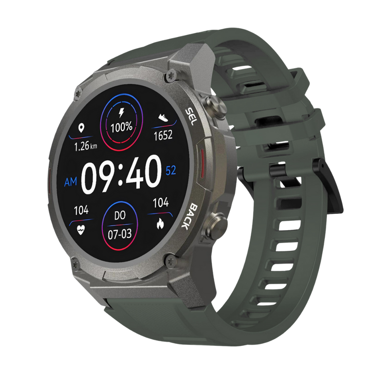 Grüne Smartwatch mit rundem Display, Fitness-Tracking, robustem Design, digitaler Anzeige.