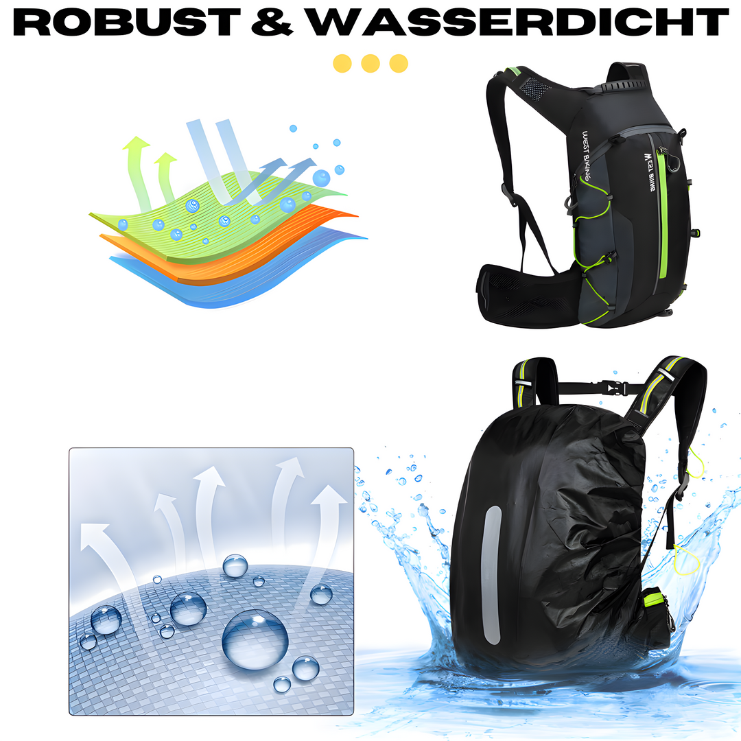 Schwarzer wasserdichter Fahrradrucksack mit reflektierenden Streifen und ergonomischem Design.