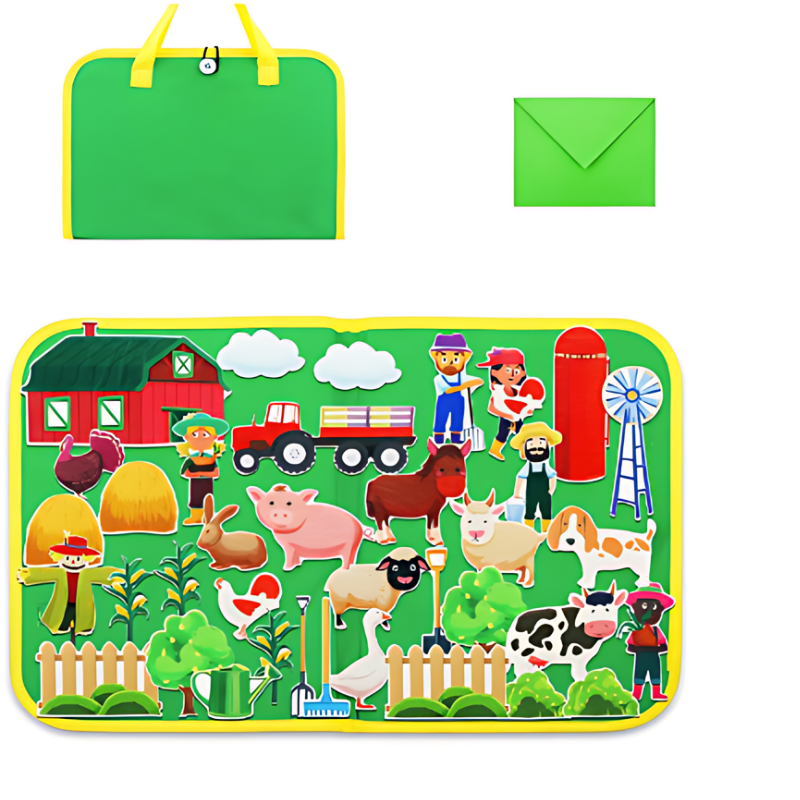 Bunte Bauernhof-Spielmatte für Kinder, faltbar, mit Tieren und Bauernhof-Szenen, grün.