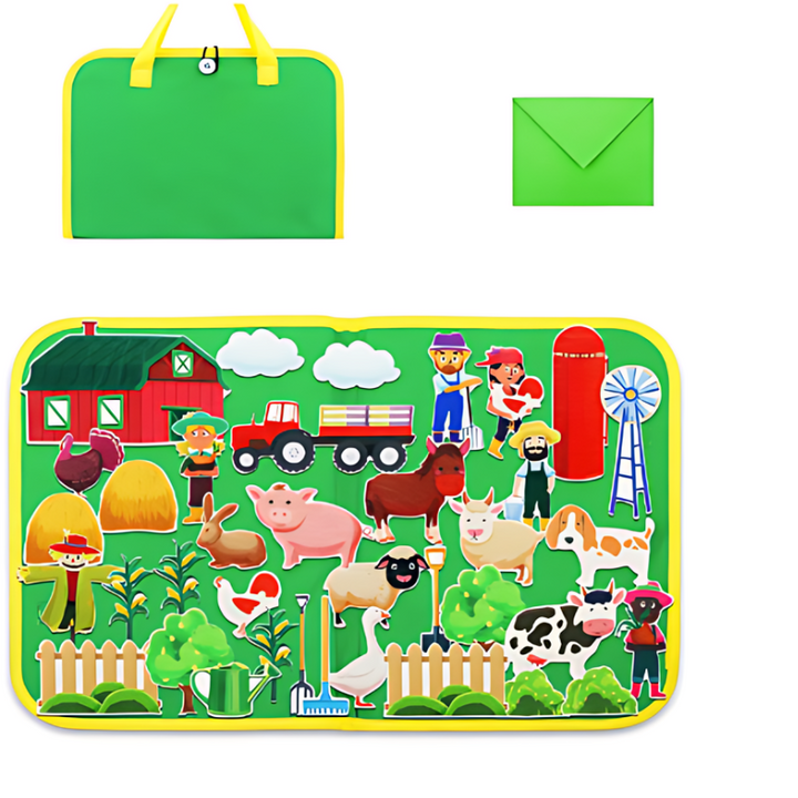 Bunte Bauernhof-Spielmatte für Kinder, faltbar, mit Tieren und Bauernhof-Szenen, grün.
