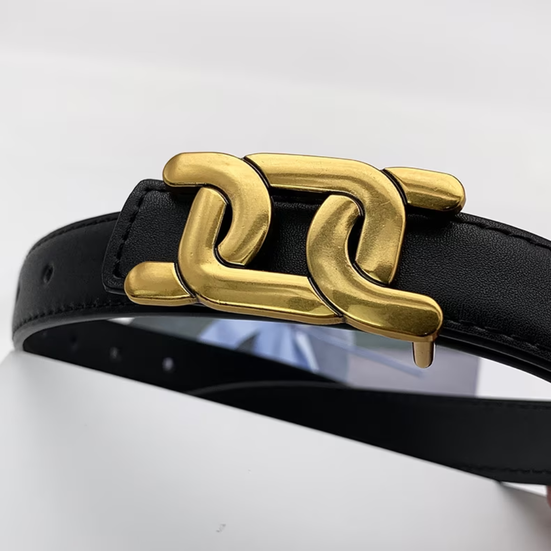 Schwarzer Ledergürtel mit goldener Schnalle, modisches Accessoire, elegantes Design.