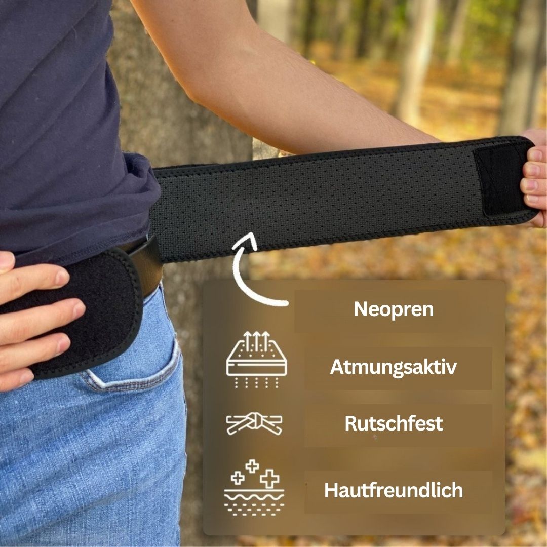 Person trägt schwarzen, atmungsaktiven Neopren-Gürtel, rutschfest und hautfreundlich im Freien.