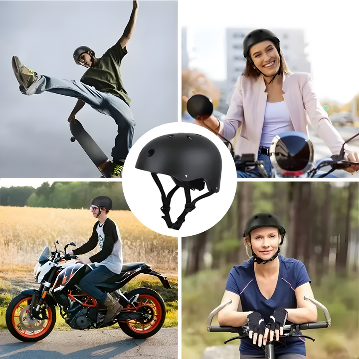 Schwarzer Fahrradhelm, sicherheitsgeprüft, für Skateboard und Motorrad, vielseitig einsetzbar.