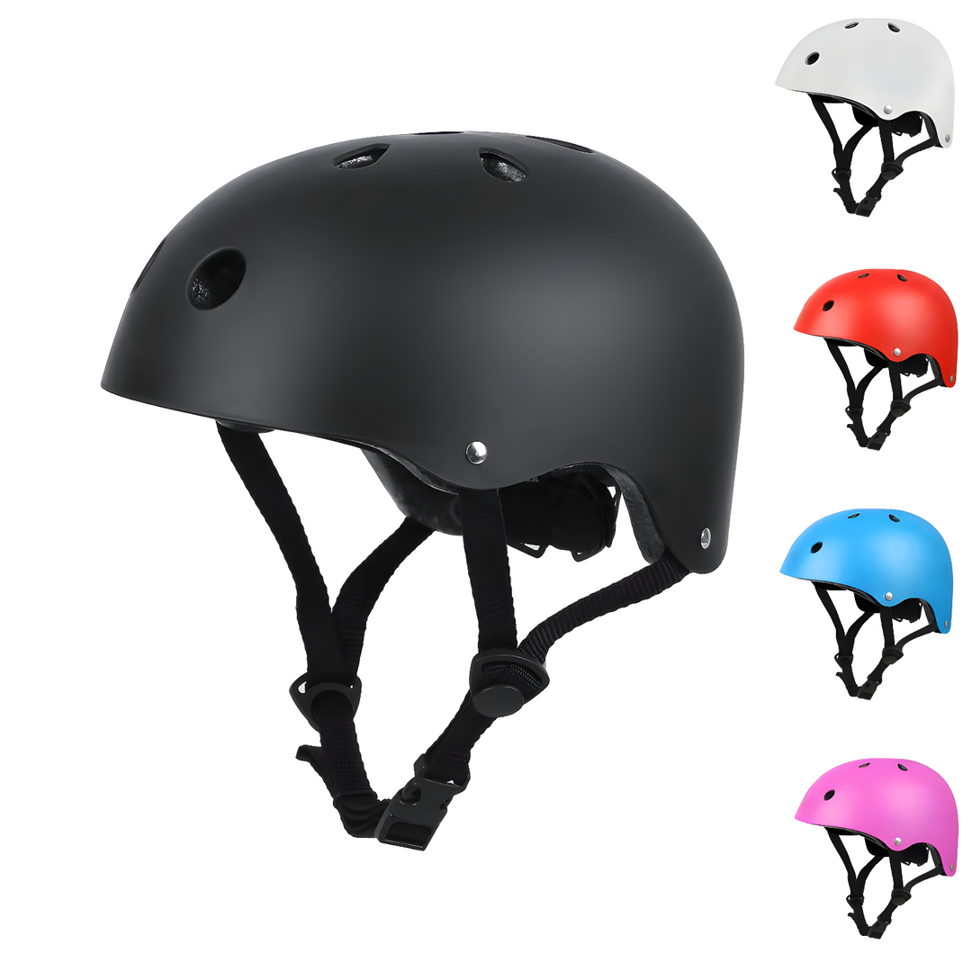 Schwarzer Fahrradhelm mit Belüftungslöchern, verstellbarem Kinnriemen, in vier Farben erhältlich.