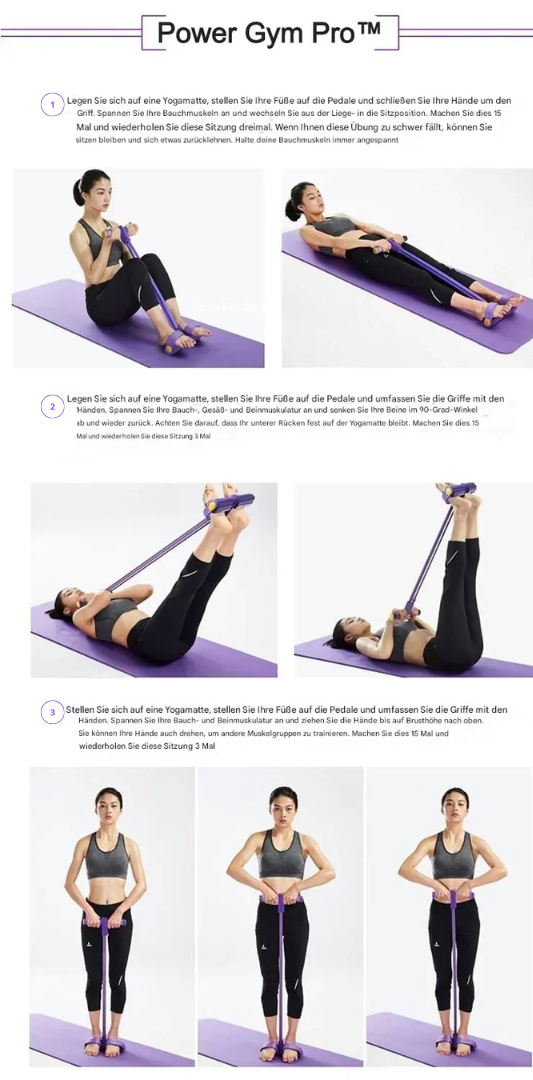 Frau trainiert mit FlexoTrainer, lila Yogamatte, Fitnessband, Ganzkörper-Workout, Heimtraining.