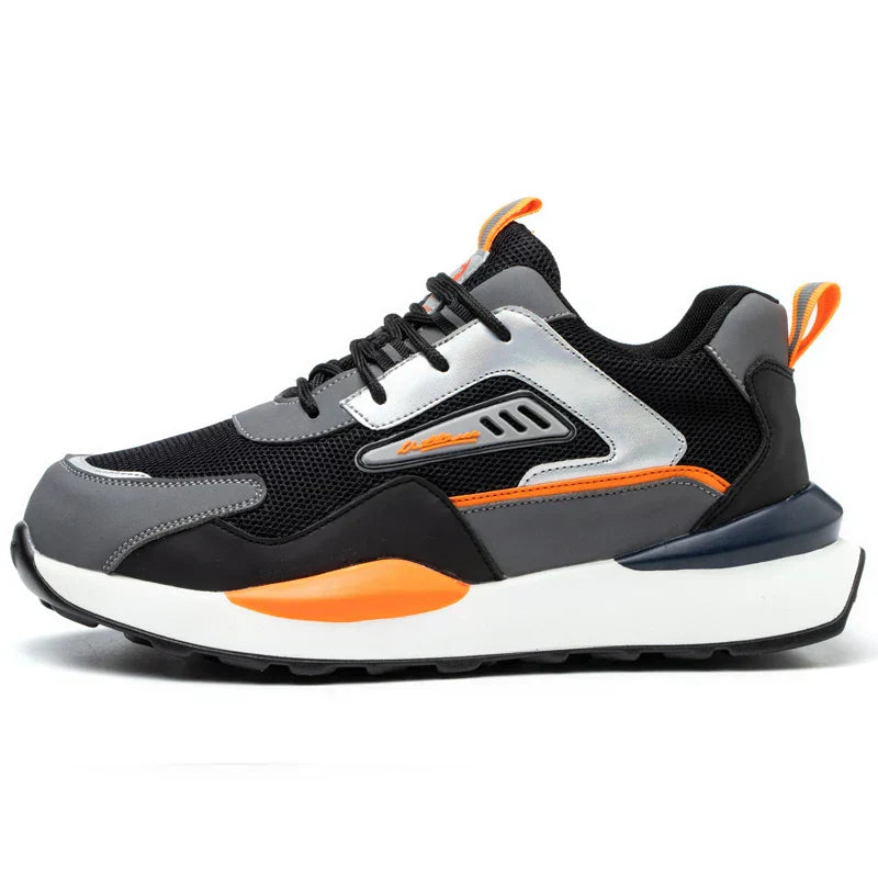 Schwarzer Sneaker mit grauen und orangefarbenen Akzenten, atmungsaktives Mesh, sportlich.