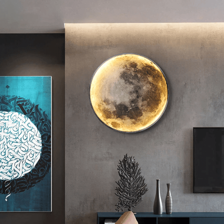 Mondlampe Wanddekoration, rund, leuchtend, modernes Wohnzimmer, stilvolles Design, warmes Licht