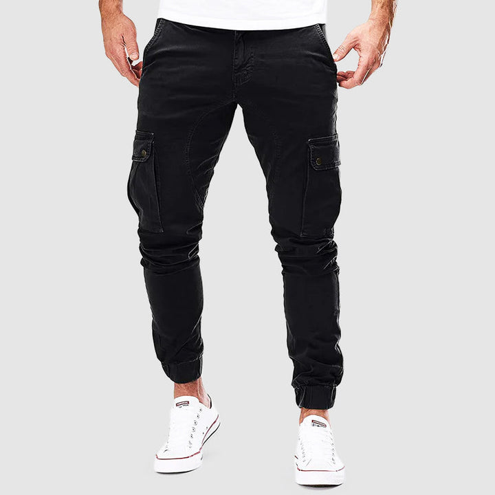 Schwarze Herren-Cargohose, Sommer, Baumwolle, Taschen, sportlich, modisch, bequem, Freizeit.