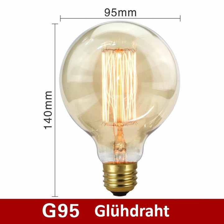 G95 Glühbirne, Glühdraht, 95mm Durchmesser, 140mm Höhe, Vintage-Design, E27 Fassung.