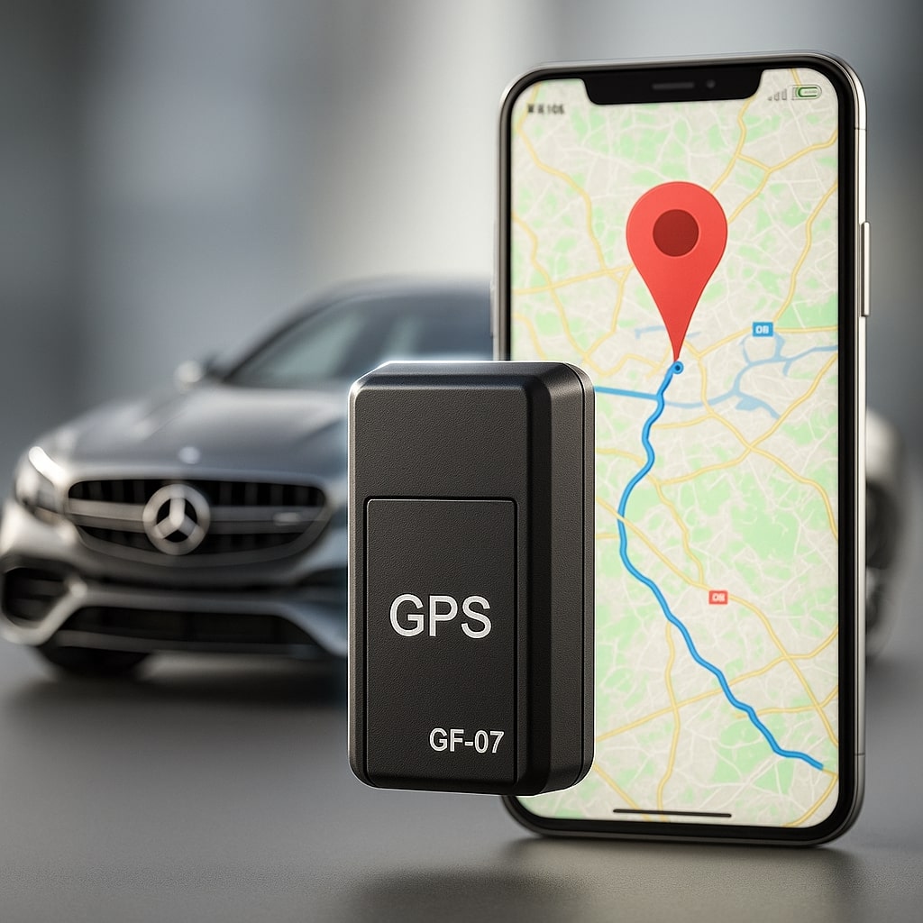 Černý malý lokátor v popředí, za ním smartphone s mapou a červenou značkou polohy a rozmazané auto. 1