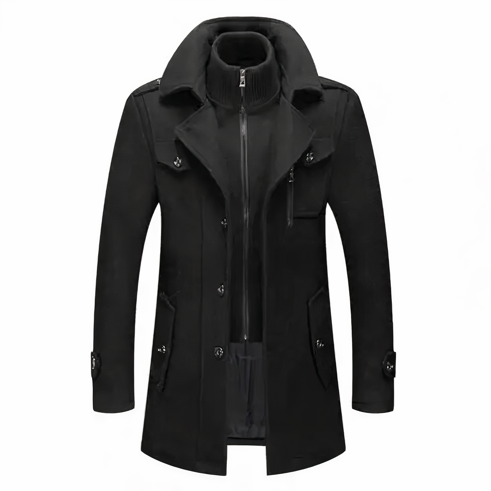 Schwarzer Herrenmantel, Winterjacke, Reißverschluss, Knöpfe, elegantes Design, warme Oberbekleidung.