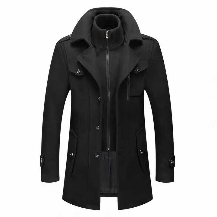 Schwarzer Herrenmantel, Winterjacke, Reißverschluss, Knöpfe, elegantes Design, warme Oberbekleidung.