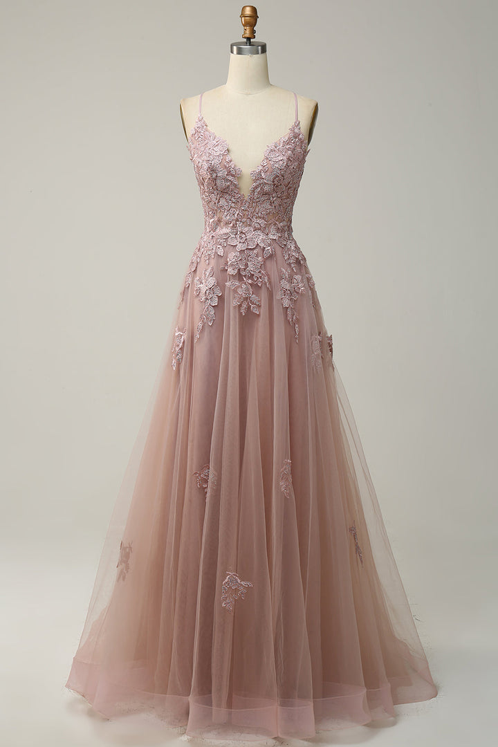 Rosa Abendkleid aus Tüll mit Spitzenapplikationen, V-Ausschnitt, ärmellos, bodenlang.