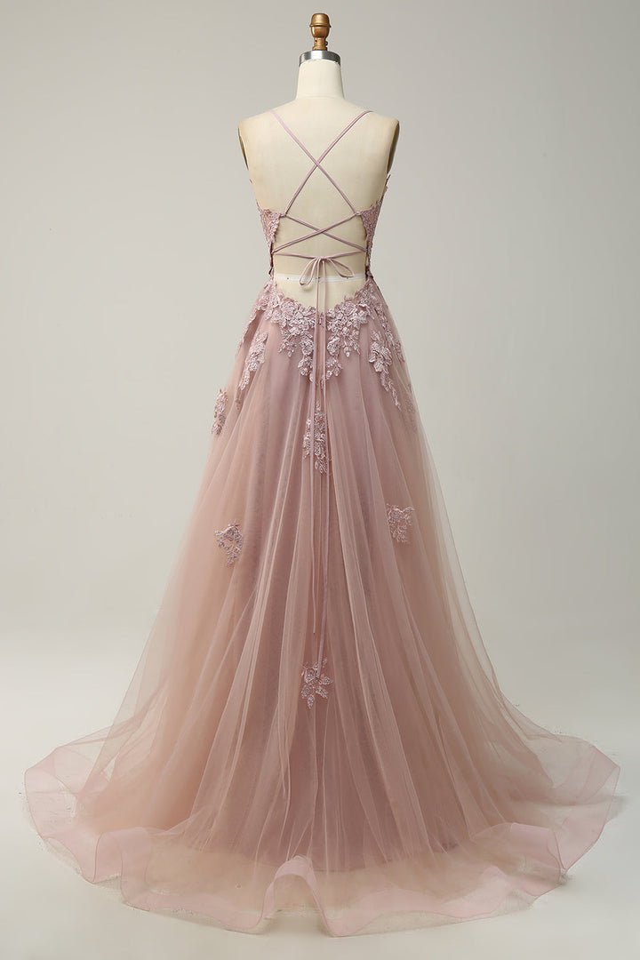 Rosa Abendkleid aus Tüll mit Spitze, rückenfrei, bodenlang, elegantes Design.