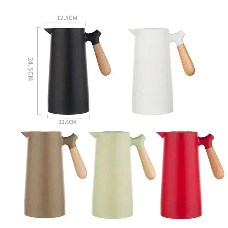 Thermoskanne skandinavisch, Holzgriff, schwarz, weiß, beige, grün, rot, modern, stilvoll.
