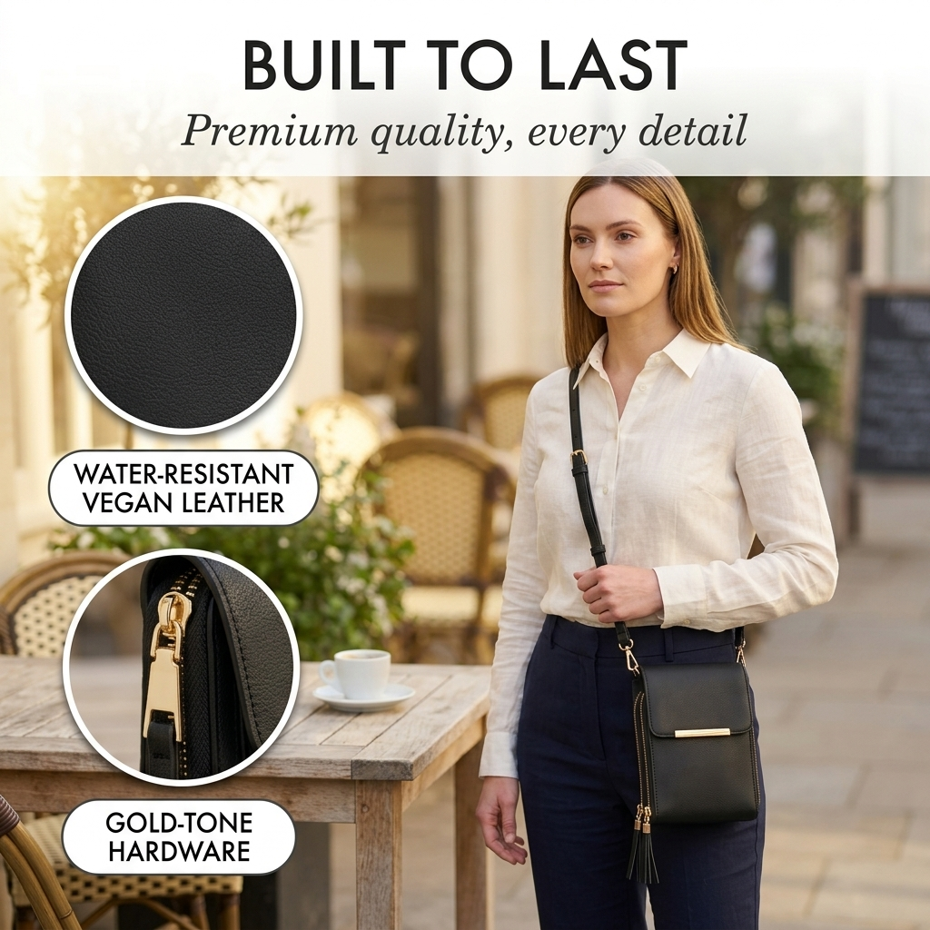 Žena v bílé košili s černou crossbody peněženkou a dva detailní kruhy: struktura umělé kůže a zlatý zip. 10