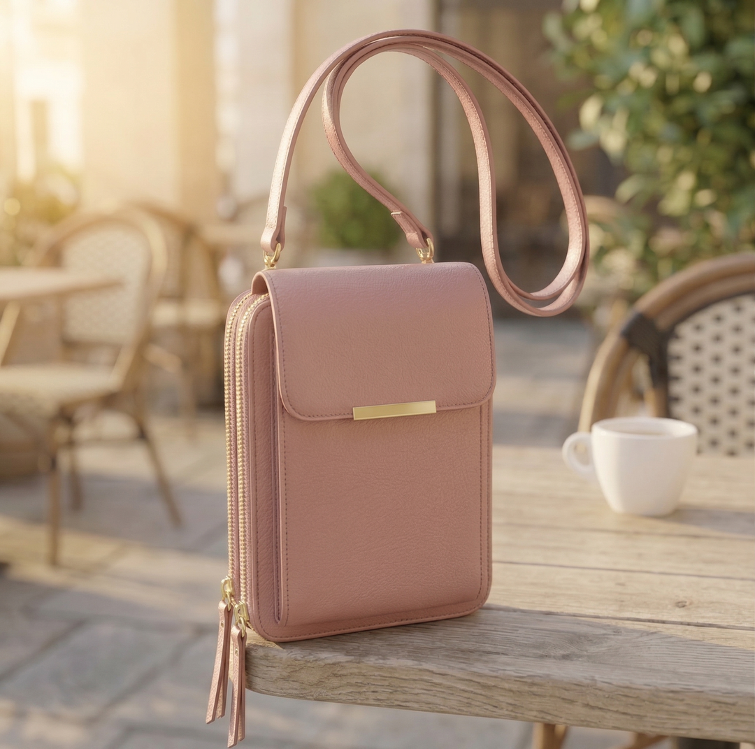 Starorůžová varianta crossbody peněženky se zlatými zipy a dlouhým popruhem stojí na dřevěném stole v kavárně. 2