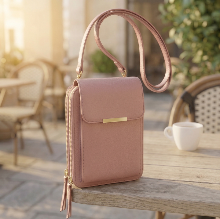 Starorůžová varianta crossbody peněženky se zlatými zipy a dlouhým popruhem stojí na dřevěném stole v kavárně. 2