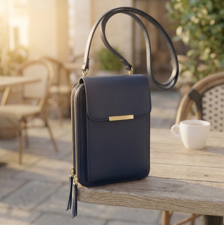 Tmavě modrá varianta crossbody peněženky se zlatým kováním a dlouhým popruhem leží na dřevěném stole vedle šálku. 3