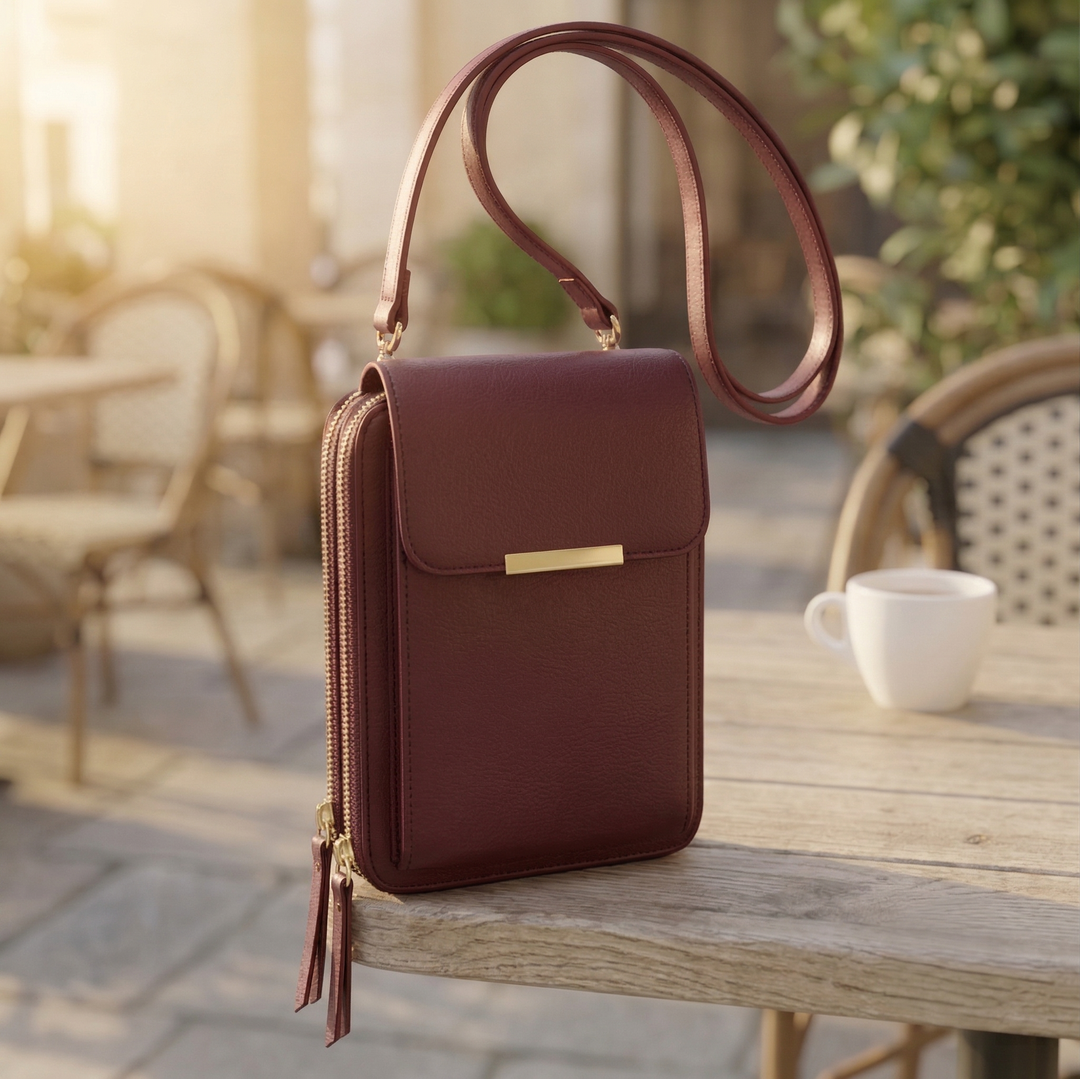 Vínově hnědá varianta crossbody peněženky se zlatými zipy a popruhem stojí na dřevěném stole vedle bílého šálku. 6