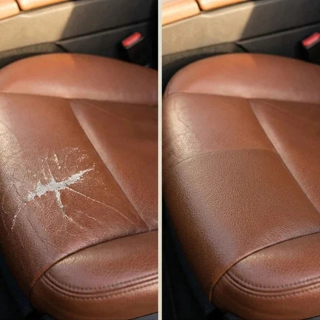 Srovnání hnědého kožené sedadla s popraskanou plochou před opravou a hladkého po přelepení 6