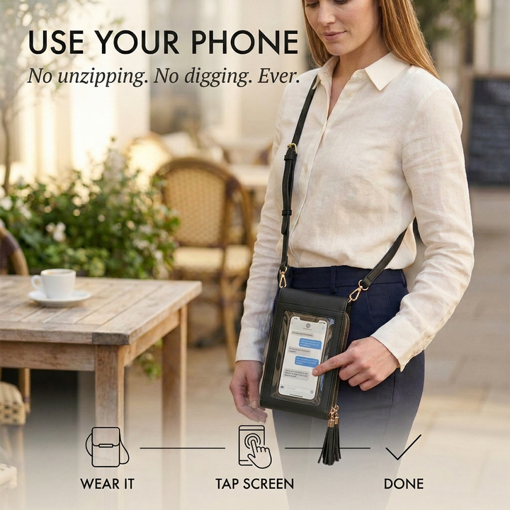 Žena nosí černou crossbody peněženku přes rameno a prstem ovládá telefon přes průhledné dotykové okénko na přední straně. 11