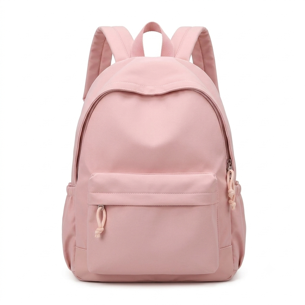 Růžový batoh z předu na bílém pozadí s velkou přední kapsou na zip a šňůrkovými tahy zipů. 7
