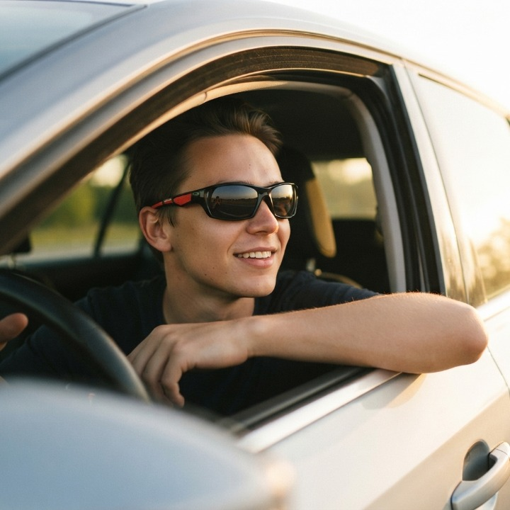 Mladý muž v brýlích s červenými stranicemi řídí auto a opírá se o okno 3