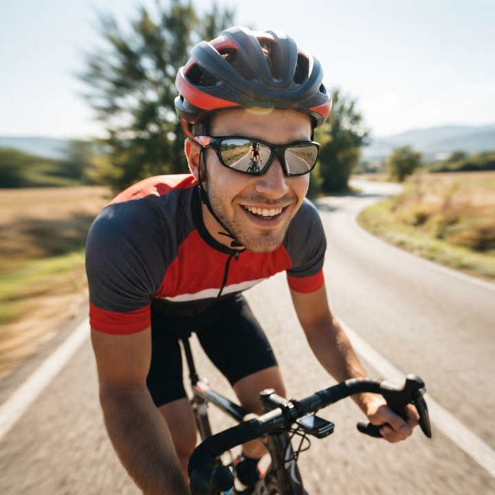 Usměvavý cyklista v helmě a dresu jede po silnici ve sportovních brýlích 2