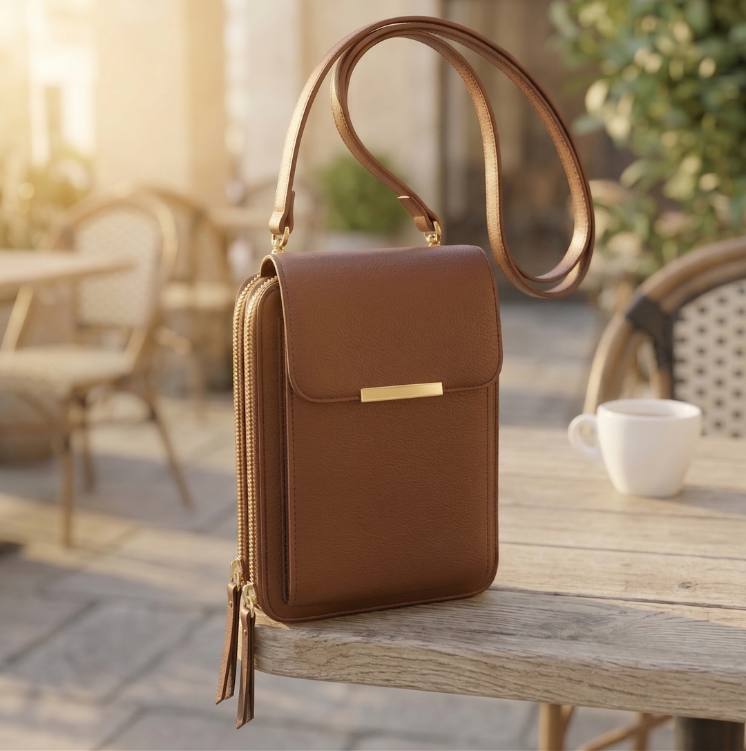 Hnědá varianta crossbody peněženky se zlatou lištou a dvěma zipy stojí na venkovním dřevěném stole. 4